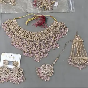 Premium Quality Polki Necklace set with Reverse gold Stone Work, Earrings, Tikka And Heavy Passa Elegant Jewelry Set for Bridal Royal Wedding