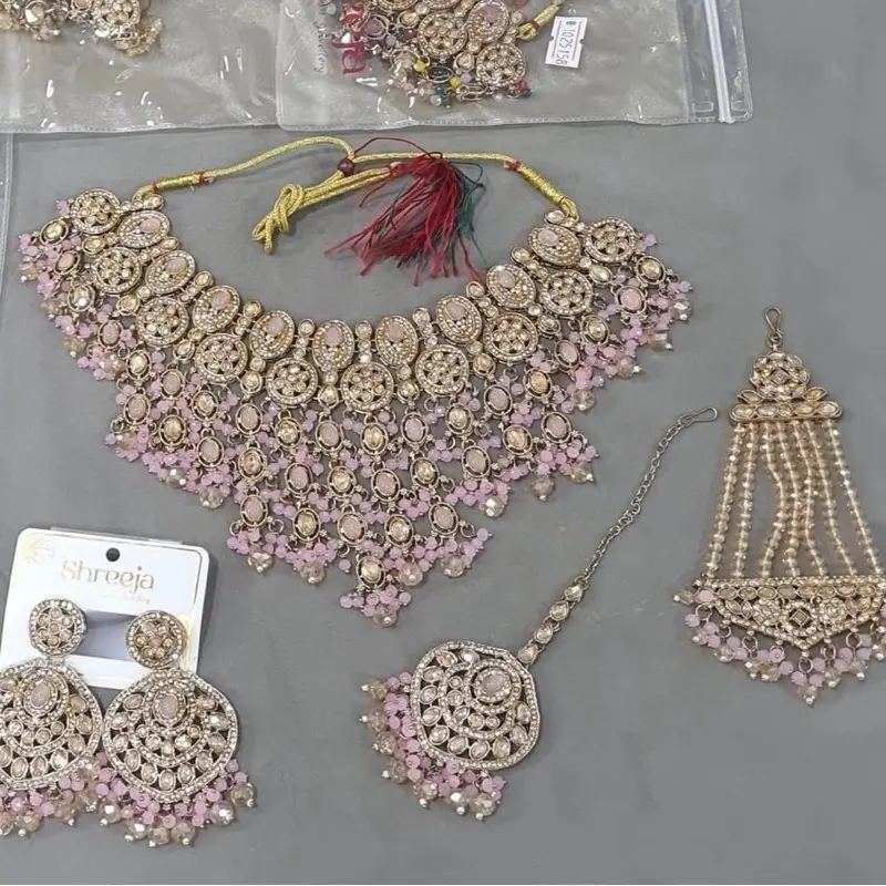 Premium Quality Polki Necklace set with Reverse gold Stone Work, Earrings, Tikka And Heavy Passa Elegant Jewelry Set for Bridal Royal Wedding