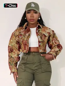 Women's Floral Print Button Front Crop Fitted Jacket, Casual Long Sleeve Collared Outerwear for Fall & Winter, Ladies Clothes for Daily Wear Womenswear
