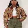Women's Floral Print Crop Jacket, Casual Long Sleeve Collared Fashionable Outerwear for Fall & Winter, Daily Wear
