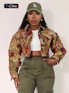 women's floral print button front crop jacket, casual long sleeve collared outerwear for fall & winter, winter jacket women, vintage tops, ladies clothes for daily wear, womenswear, vintage tops