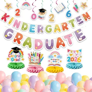 Graduation Decorations Class of 2026 Grad Party Supplies Set with Congrats Colorful Banner Hanging Swirls Assorted Colors Latex Balloons Graduation Cap Centerpieces Party Kindergarten Rainbow