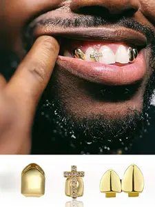 3Pcs Men's Top Teeth Grillz Set, Teeth Cover, Micro Paved Zircon Cross Design & Smooth Finish, 14k Gold Plated Copper Hip Hop Fashion Jewelry