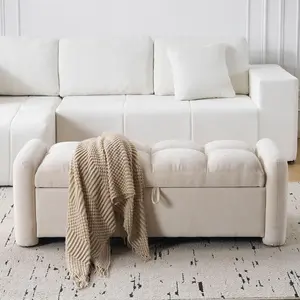 Oversized Chenille Ottoman Bench with Storage Beige Upholstered End of Bed Bench for Bedroom Ottoman Foot Rest for Living Room Modern Design Comfortable Fabrics Easy Assembly