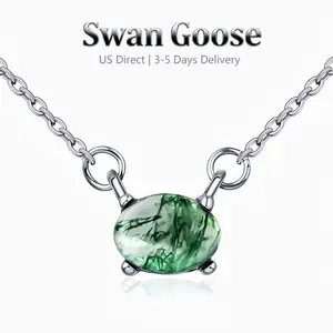 S925 Sterling Silver Natural Moss Agate Necklace，Vintage Minimalist Forest Green Jewelry Perfect Gift for Women
