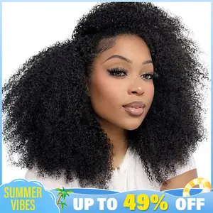 [Wear Go Half Wig] BGMgirl Invisible Hairline Afro Curly Kinky Straight Half Wig Glueless Human Hair Butterfly Yaki Layered Cut Wigs Water Wave Kinky Curly Seamless Flip Over Updo Down Style Hairpiece Beginner Friendly 100% Human Hair Summer Style
