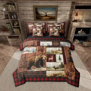 Cabin Bear Comforter Set with Sheets 7 Piece Lodge Rustic Deer Bedding Set Farmhouse Wildlife Bed in a Bag Country Boho Room Decor Buffalo Check Checkered Wooden Soft Microfiber