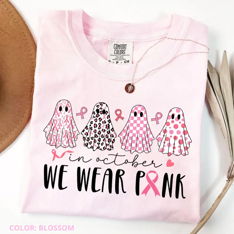 Comfort Colors In October We Wear Pink Ghost Shirt, Breast Cancer Awareness Tee, Cute Halloween Pink Ribbon Shirt, Cancer Support Tee, Fighter Survivor Gift