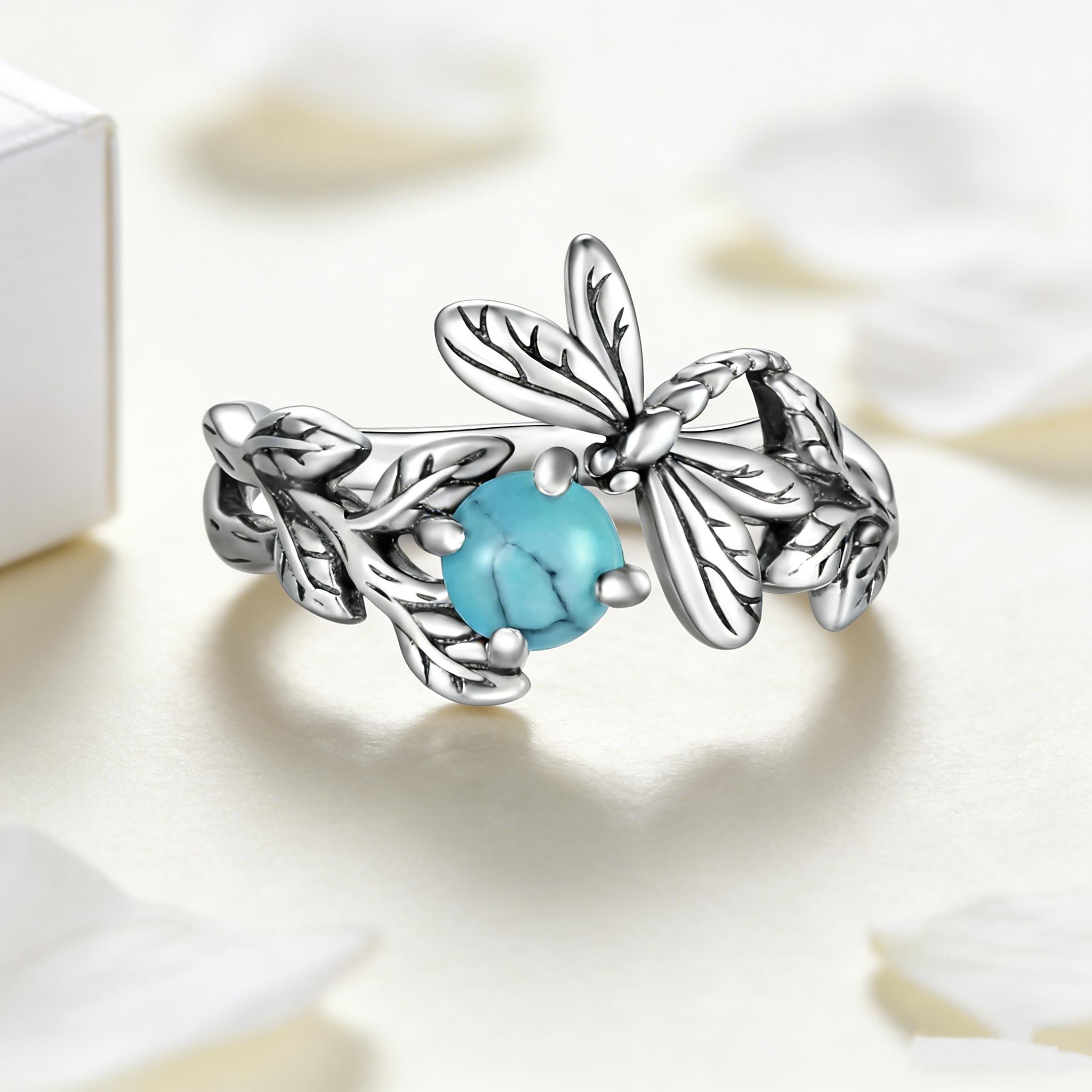 HXS 925 Sterling Silver Dragonfly Ring with Turquoise, Timeless Boho Jewelry
