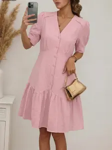 ZANZEA Women's Casual Dress, Casual Wear, V Neck Short Sleeve Layered Ruched Patchwork Plain Design, Perfect for Everyday, Summer