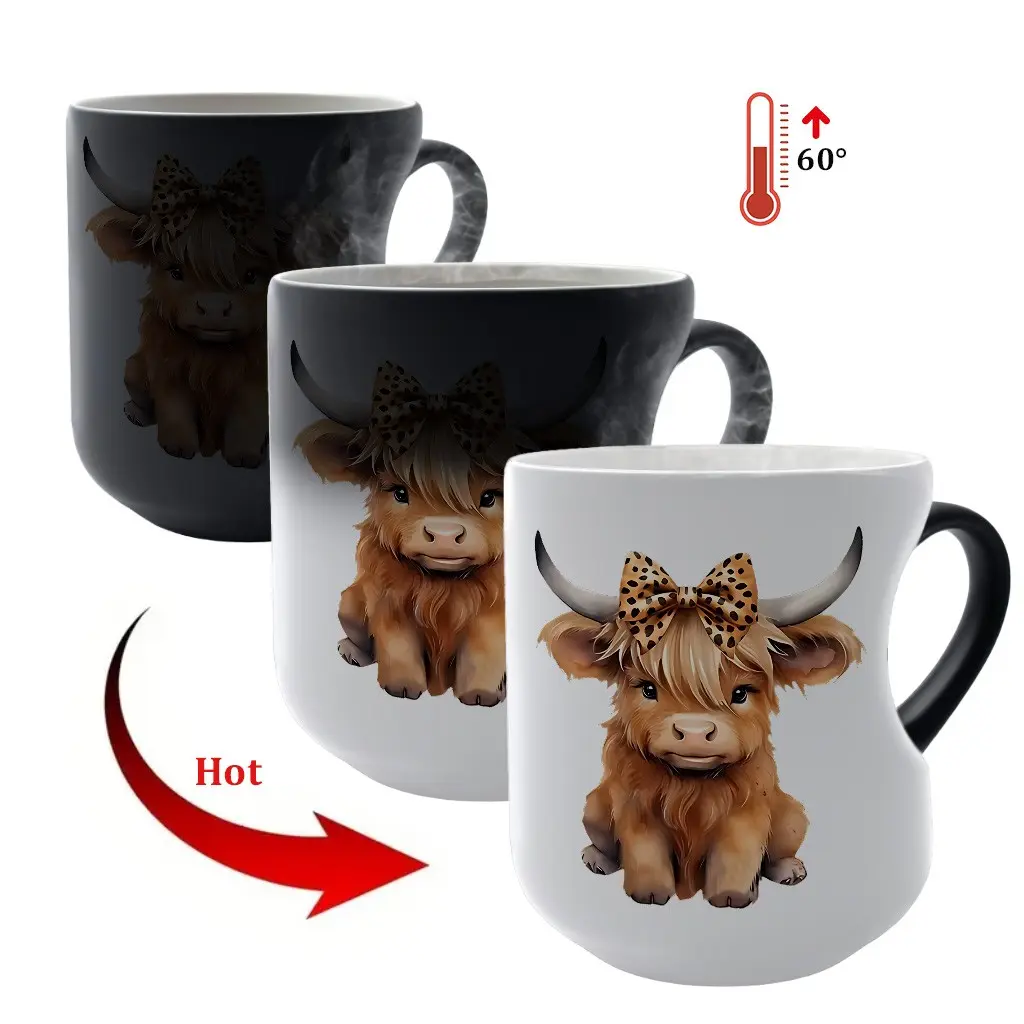 1pc Highland Cow Print Color Changing Mug - 11oz/325ml Durable Thermochromic cup, Cute Highland Cow & Bow Design, Coffee, Novelty Coffee Mug, Ceramic Mugs, Ceramics Mug, Ideal for Festival Gifts, The Perfect Gift for Coffee Lovers, Drinkware