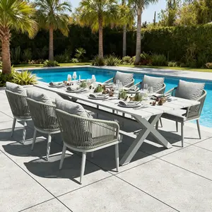 LayinSun Outdoor Patio Dining Set, 98 inchs Aluminium Rectangular Dining Table and Wicker Rattan Chairs Set for Outside Backyard, Poolside