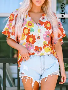 Women's elegant floral pattern printed V-neck half sleeve blouse