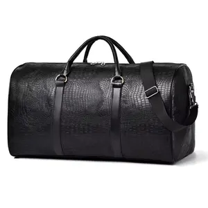 Leather Duffle Bag - Black Crocodile Texture Travel Bag with Handles and Strap