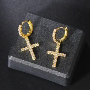 14K Gold Plated Cross Earrings for Women Men CZ Cross Dangle Hypoallergenic Jewelry Gift with Transparent Zirconia Stones Classic Design