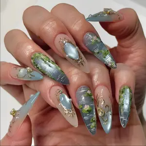 3D Gold Chrome Press On Nails Spring Water Forest Nails Art For Holiday Weđing Day Party Gif