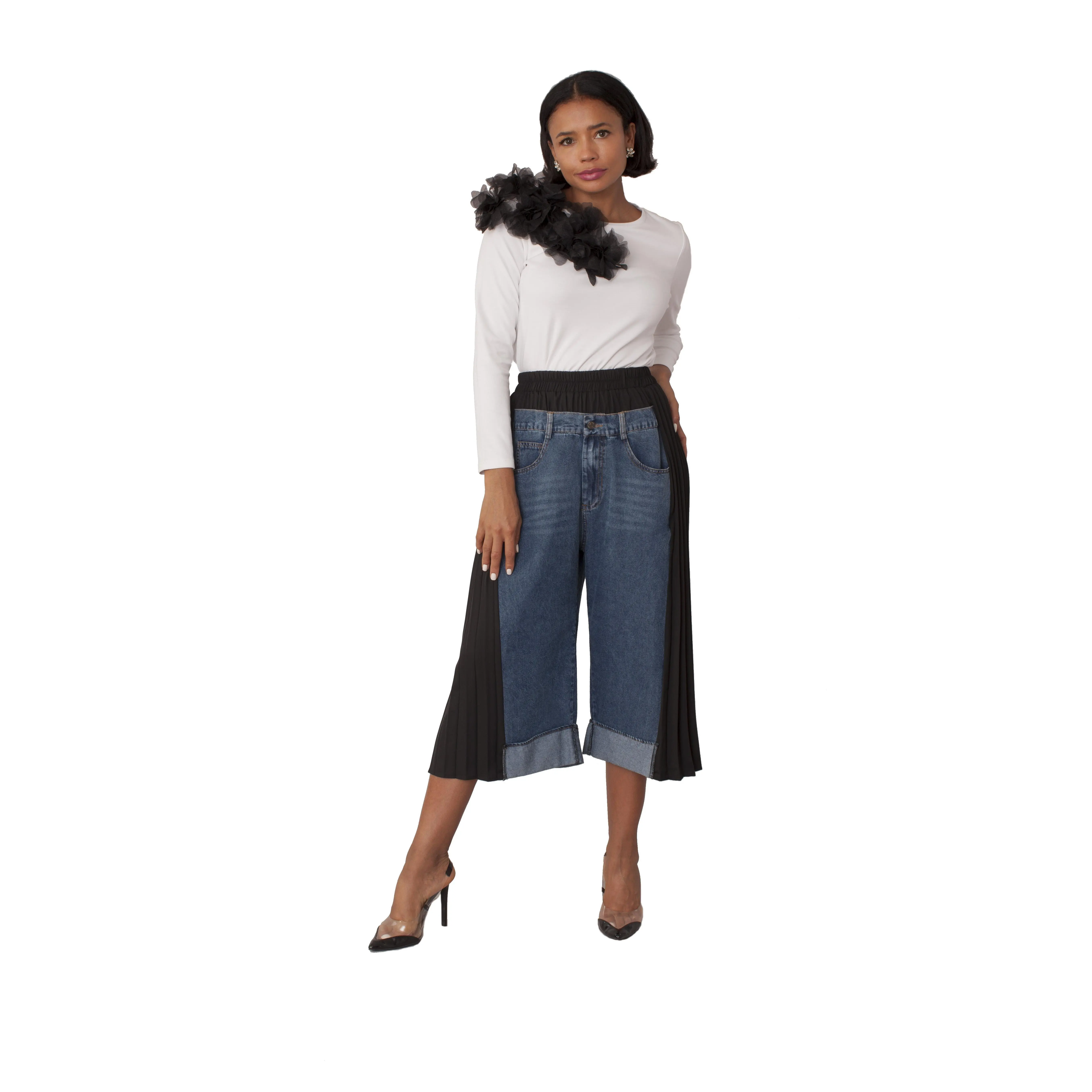 Pleated Panel Denim Culottes -82467 Pants Womenswear Bottom Jeans Piece Style Trouser Streetwear Fitted