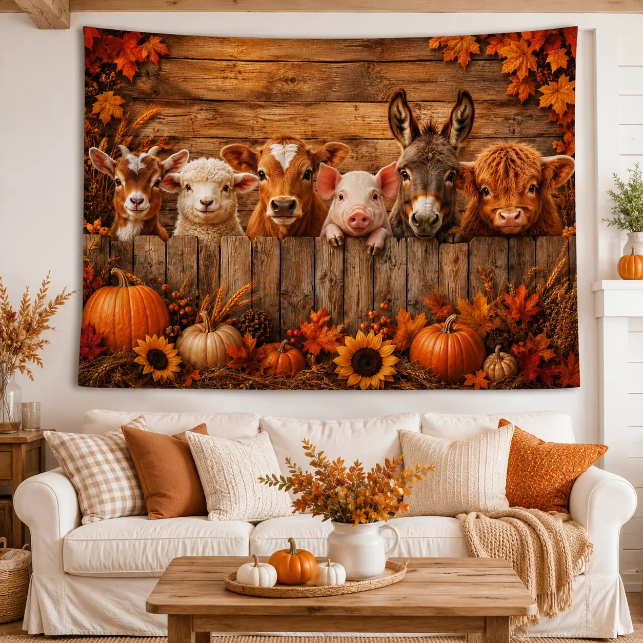Fall Farmhouse Animal Tapestry, Highland Cow Horse Goat Pig Barn Pumpkin Wall Hanging, Autumn Harvest Rustic Country Decor