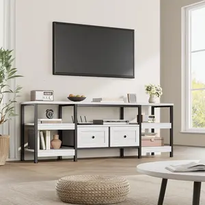 White 63inch Modern-Industrial TV Stand with 2 Fabric Drawers Entertainment Center for TVs Up to 65inch Rustic White Media Console with Storage Shelves Open Design and Metal Frame White