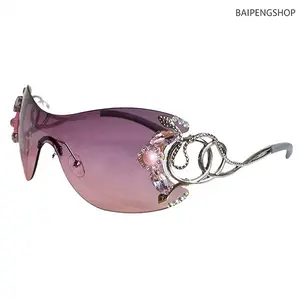 Women Oversized Rimless Rhinestone Sunglasses One Piece Gradient Pink Purple Lens Pink Floral Decor Sparkly Mirror Eyewear Lightweight Titanium Frame Unique Funky Stylish Accessory for Daily Party Beach Vacation Ladies