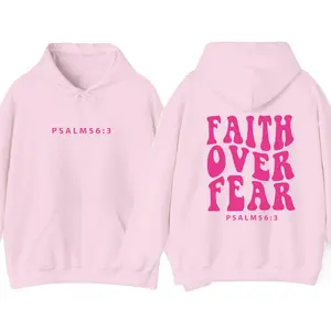 Women's Faith Over Fear Pink Printed Drop-Shoulder 2-Sided Fleece Hoodie - Spandex-Yarn Fabric, Bible Verse, Pocket, Long Sleeve Casual Unisex Sweatshirt