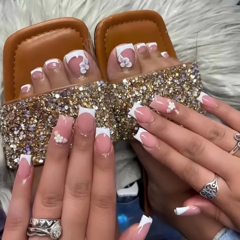 Pretty French tip finger and toe press on nail set diy pedicure wedding party