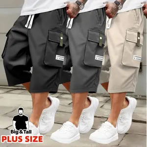 Men's Plus Size Summer Cargo Shorts - Elastic Drawstring Waist, Multi-Pocket & Letter Patch, Regular Fit Mid-Rise Non-Stretch Fabric, Nontransparent, for Daily & Leisure, TikTokShop Spring Glow Up Summer Vibe Big&Tall Menswear Casual Bottoms Tropical