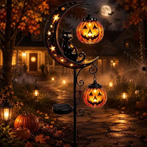 2026 New Solar Halloween Black Cat & Pumpkin Moon Garden Stake Light | Solar Pumpkins Lantern Outdoor Halloween Yard Decor for Garden, Patio, Lawn, Walkway (Pumpkin+Pumpkin)