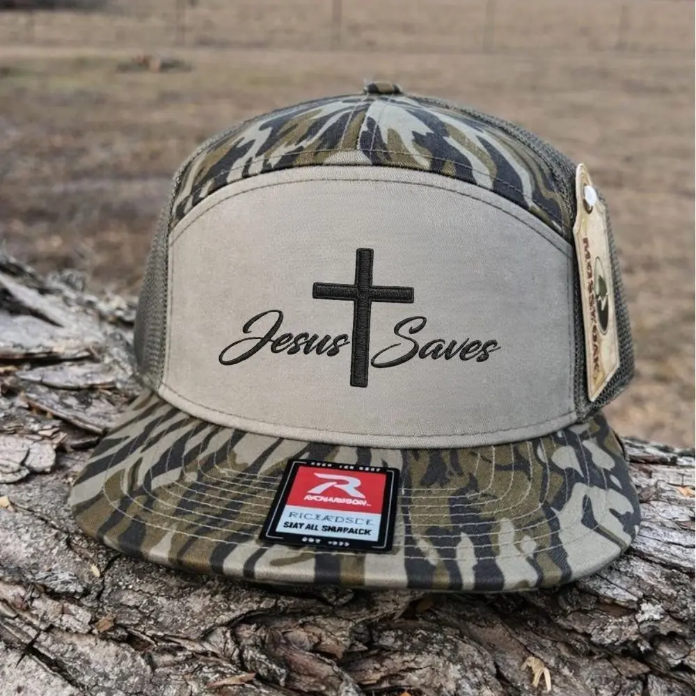 [COMBO BUY 2 SAVE 50%] Jesus Saves Camo Embroidered 7- panel Trucker Hat – Embroidery Cross Snapback Cap, Faith-Inspired Outdoor Casual Hat, Southern Style Workwear Cap for Men and Women, Christian Gift, Religious Gift