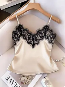 Beige Satin Smooth Lace Trim Cami Top for Women, V-Neck Spaghetti Strap Camisole, Elegant Fitted Sleeveless Blouse, Coquette Streetwear, Versatile Daily & Night Out Top, Casual