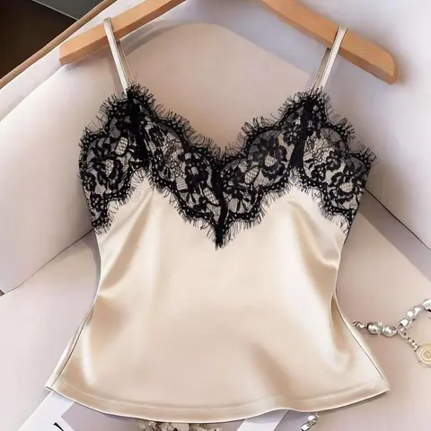 Women's Lace-Trim V-Neck Spaghetti Strap Satin Camisole Tank, Versatile Smooth Sleeveless Top, Elegant Coquette Style Flattering Top for Night Out & Daily Wear