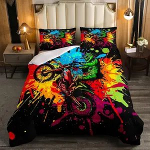 Feelyou Biker Theme Motocross Bedding Set for Boys - Motorcycle Racer Comforter, Extreme Sport Tie Dye Dirt Bike Duvet Insert, Microfiber Blanket, Bedspread, Room Decor, Motocross Pattern, Dirt Bike Print Bedding, Motorcycle And Bike Bedding