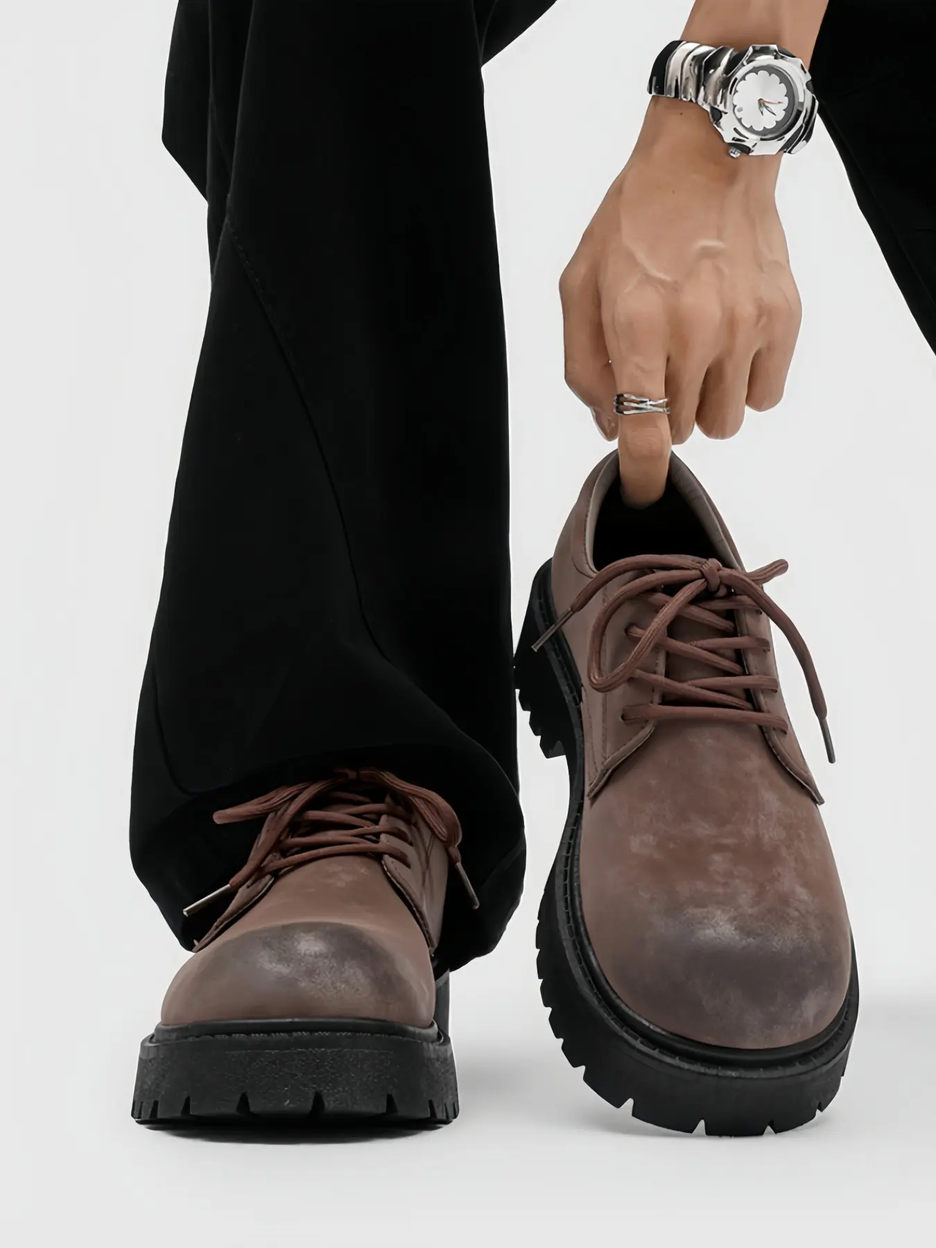 Unisex Coffee Vintage Derby Flatform Shoes: Retro Distressed Leather, Height Boost Platform, Anti-Slip Lug Sole. For Retro Outings/Trendy Styling