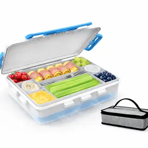 #Summervibes Chilled Portable Snackle Box Container with Ice Pack, Portable Travel Food Containers with Lids, Keep Cheese and Fruits Remained Fresh for Hours, Divided Serving Tray for Family Road Trip Beach Picnic