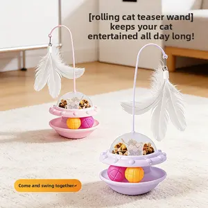 Long Stick Feather Cat Teaser, Leakage Food Dispenser Tumbler Toy, Interactive Self Entertainment Boredom Relief Toy for Kittens Cats