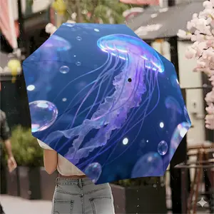 Colorful Jellyfish Umbrella, Deep Blue Base with Glowing Pattern, Automatic Open-Close, Foldable Design, 8 Ribs, Windproof Lightweight