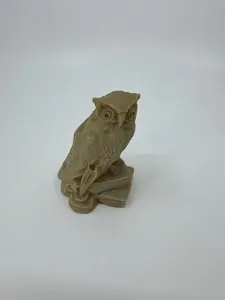 Vintage 3" Carved Owl Bird Figurine Stone on Books /w Quill Ink Well Smart Owl