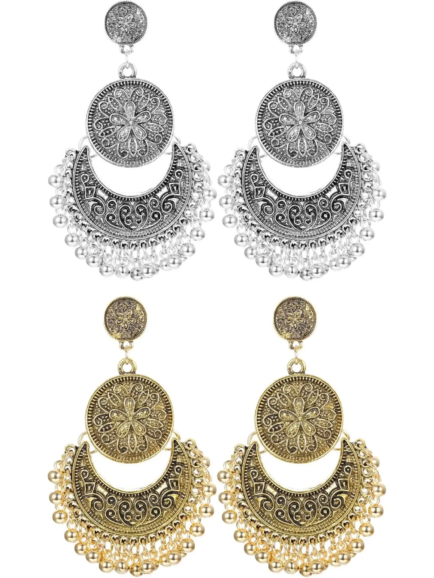 2Pairs Traditional Ethnic Bali Jhumka Jhumki Brocade Lotus Mexico Gypsy Dangle Earrings for Women Girls