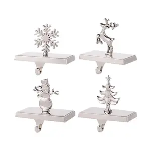 Snowflake Reindeer Snowman Silver Stocking Holder, 3D Metal Christmas Stockings Hanger For Mantel Fireplace Christmas Decoration