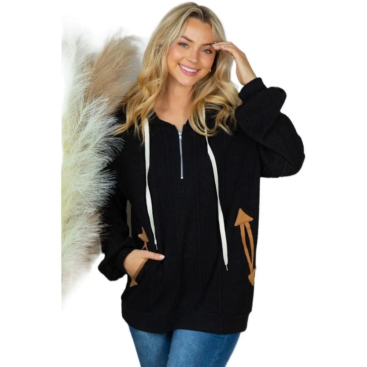 Everyday Black  Ribbed Knit Suede detail Hoodie