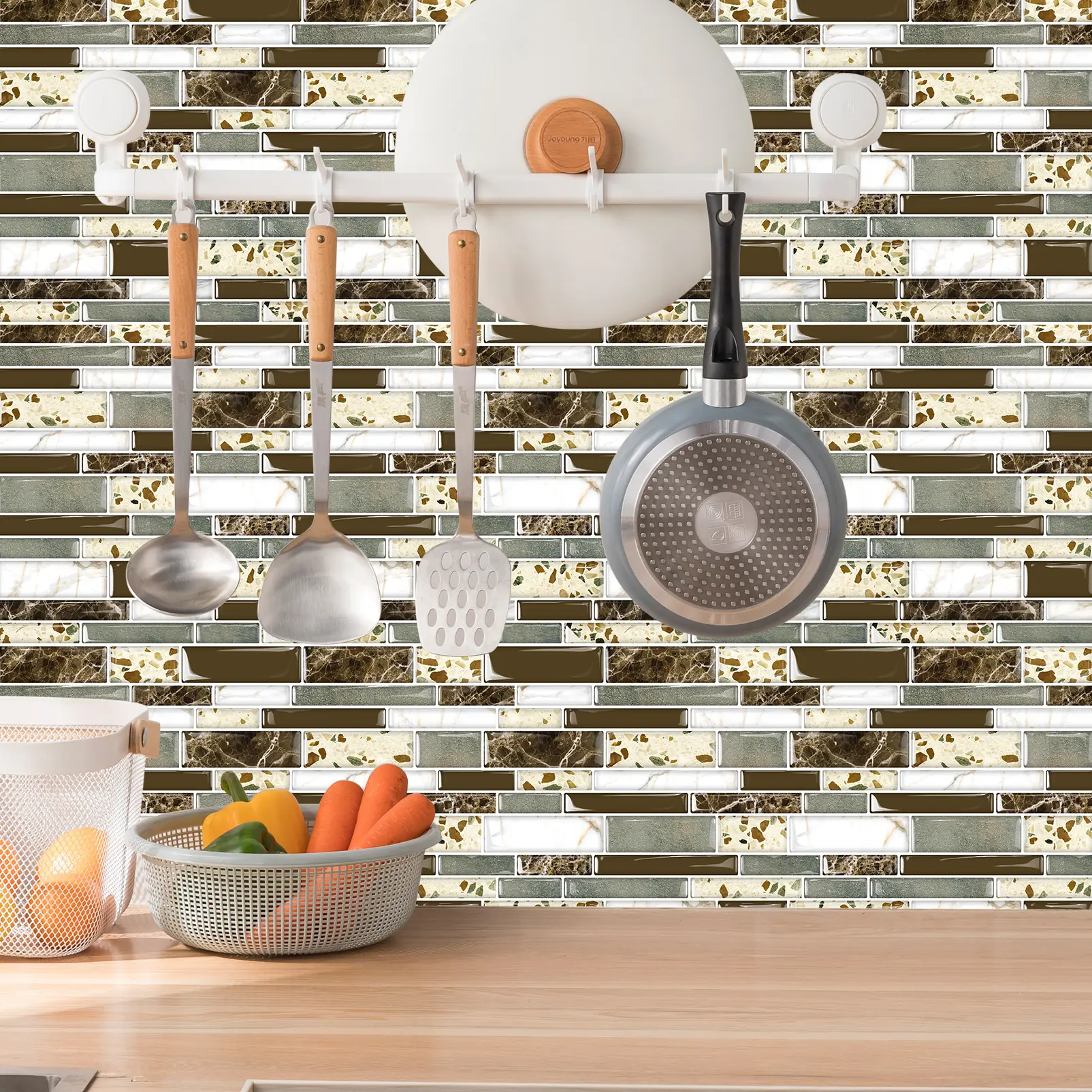 MOONFUN 10-Sheet Terrazzo-Look 12x12in Peel-and-Stick Subway Mosaic Backsplash Tile, Thickened Upgrade Self-Adhesive Vinyl Wall Tile, Waterproof Oil-Resistant Removable Renter-Friendly DIY Sticker for Kitchen, Bathroom Decor Decorative Set