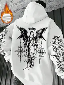Cyber Goth Oversized Gothic Printed Hoodie for Men Women Grunge Angel Wings Graphic Print Darkwear Sweatshirt Opium Style Streetwear Outerwear for Club & Rave