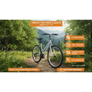24 Inch Mountain Bike for Adults & Teens, 21-Speed Hardtail Bicycle with Dual V-Brakes, Carbon Steel Frame All-Terrain Bike for Men Women, 85% Pre-Assembled for Easy Setup