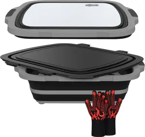 XL Collapsible BBQ Prep Tub with Cutting Board & Drain Plug – Portable Food Prep Station for Kitchen, Camping & Grill – Dishwasher Safe, Space-Saving Design – Heat-Resistant Glove Included (Black)