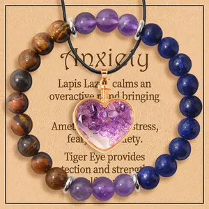 2pcs Gemstone Healing Chakra Bracelet Amethyst Necklace Anxiety Crystal Natural Amethyst Women Relieve Stress Precious Jewelry