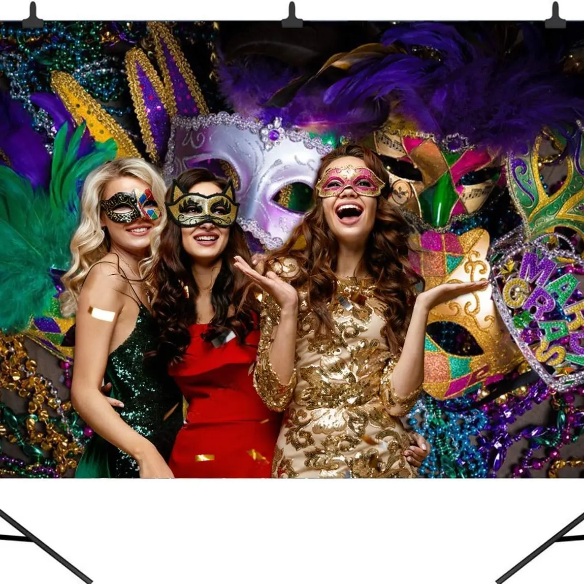2D Flat Banner Mardi Gras Theme, Photography Backdrop for Masquerade, Birthday, Dancing Party, Photo Booth, Wedding Bachelorette Decorations