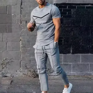 Active Wear Tracksuit - Gray T-Shirt with Black Design and Gray Sweatpants for Men
