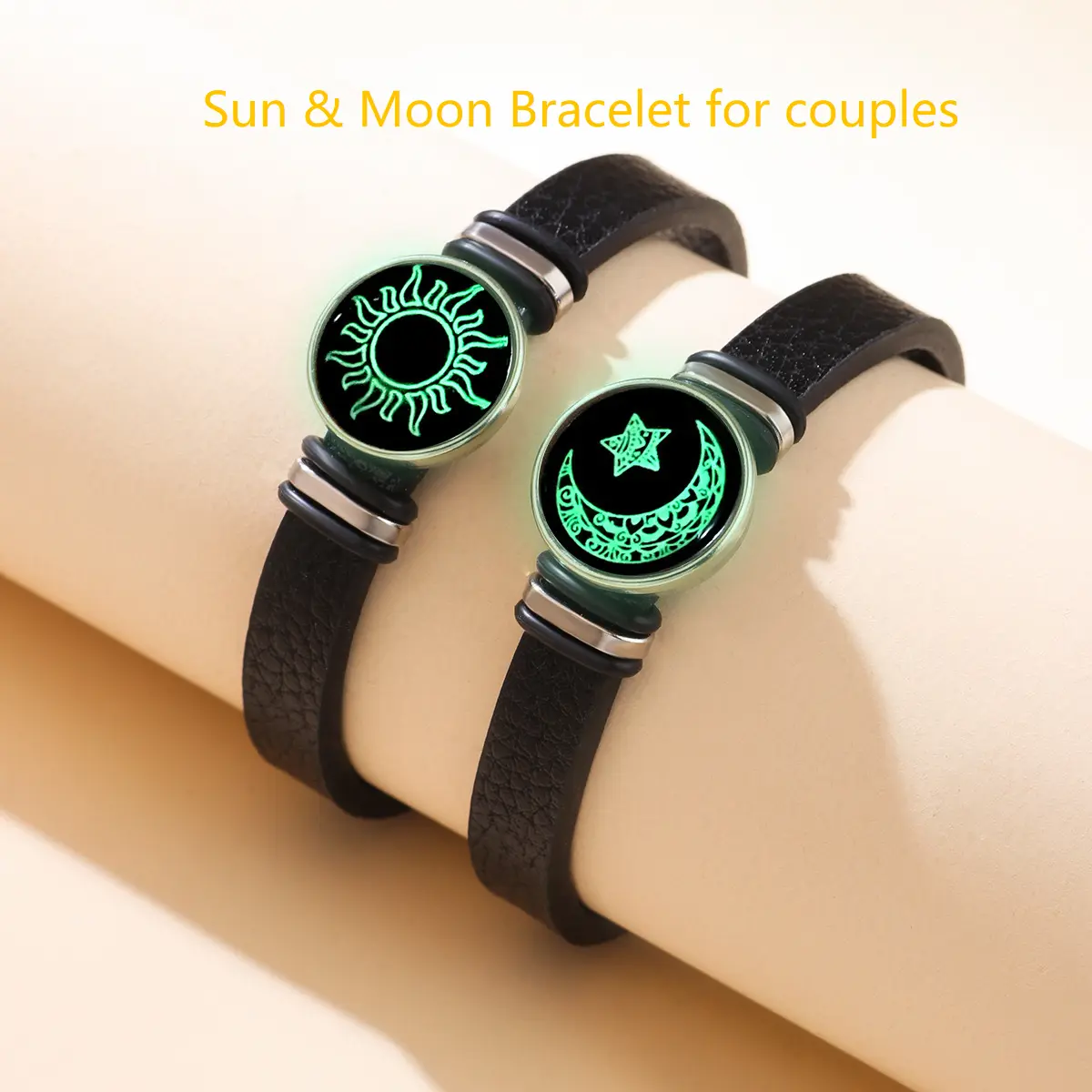 Set of 2 couples’ bracelets, matching day-and-night designs; glossy leather couple wristbands that glow softly at night; black leather bracelet accessory, skin-friendly, comfortable, and hypoallergenic—ideal gifts for boyfriends and girlfriends.