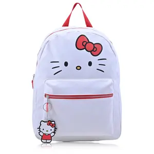 Fast Forward Sanrio Hello Kitty Backpack for Women, Large Faux Leather Bookbag Double Strap Shoulder Bag with 3D Design and Keychain (White-Red)