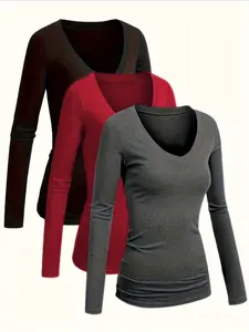 Casual Home Breathable Comfort Basic Everyday Knit Long Sleeve Top Set, Plain Pattern Fitted Design, Perfect for Fall & Winter